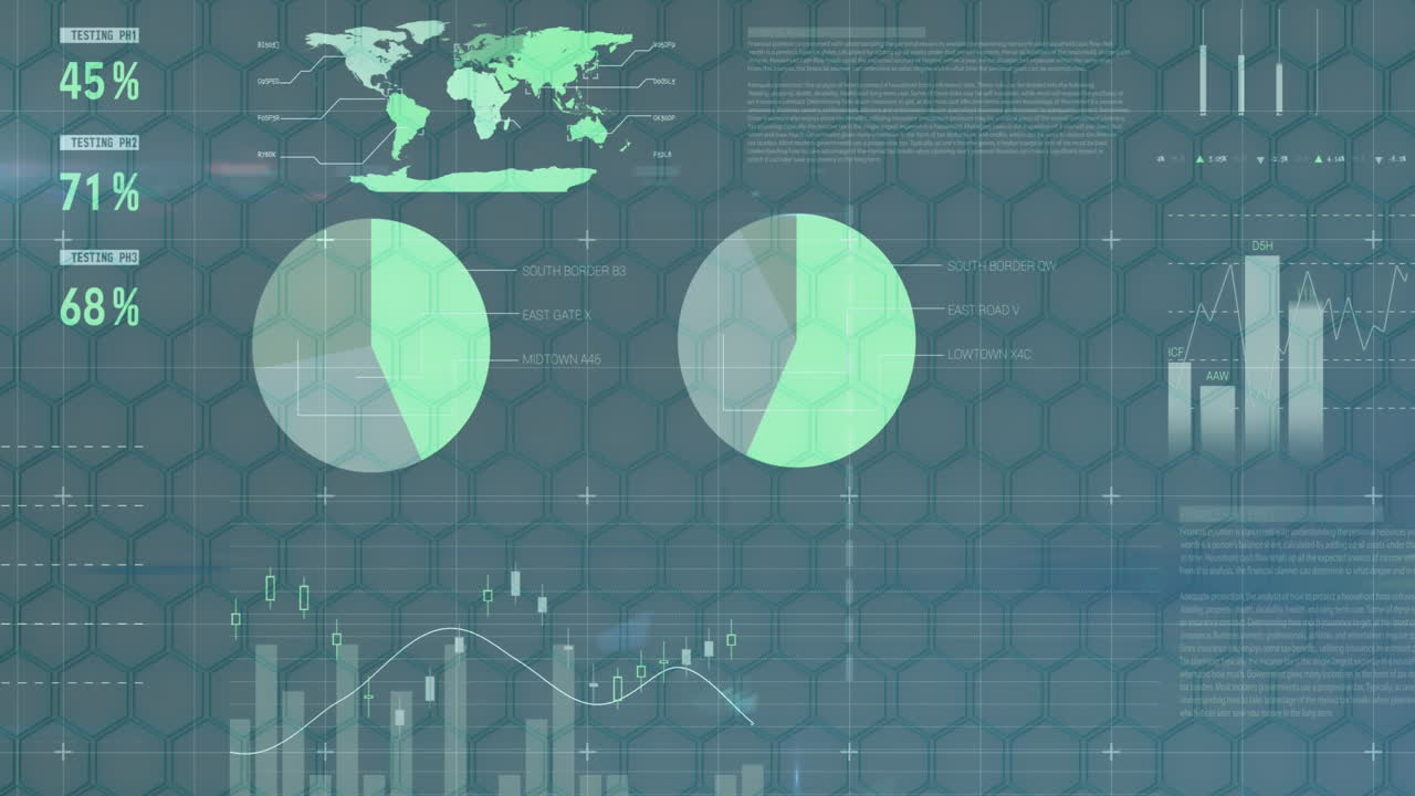 파란색 배경에 육각형 위에 다채로운 인포그래픽 인터페이스의 애니메이션