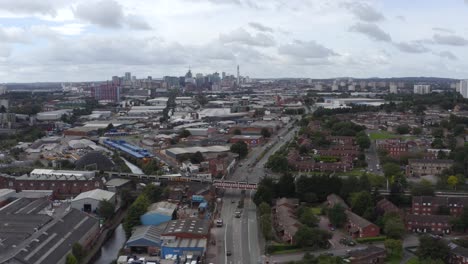 drone shot tracking train through industrial estate 02