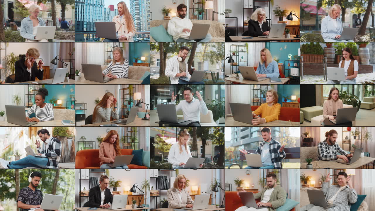 Collage of frustrated people men women use laptop loses fortune loss fail online bad news play game