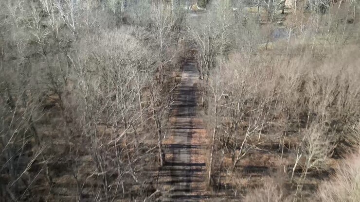 Aerial footage of a trail that leads to a creek
