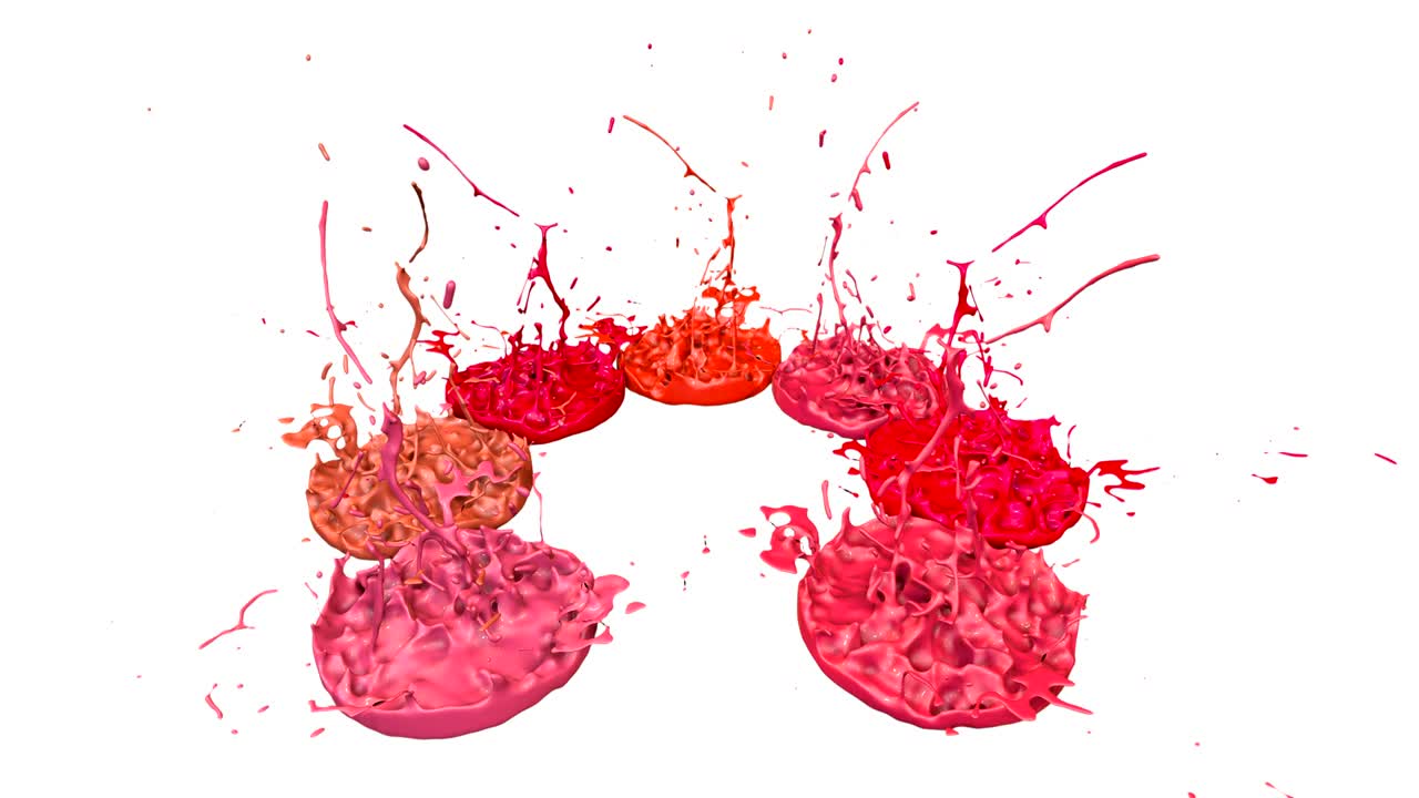 3d splashes of liquid. Paint bounce in 4k on white background. Simulation of splashes of ink on a musical speaker that play music. version shades of red 5