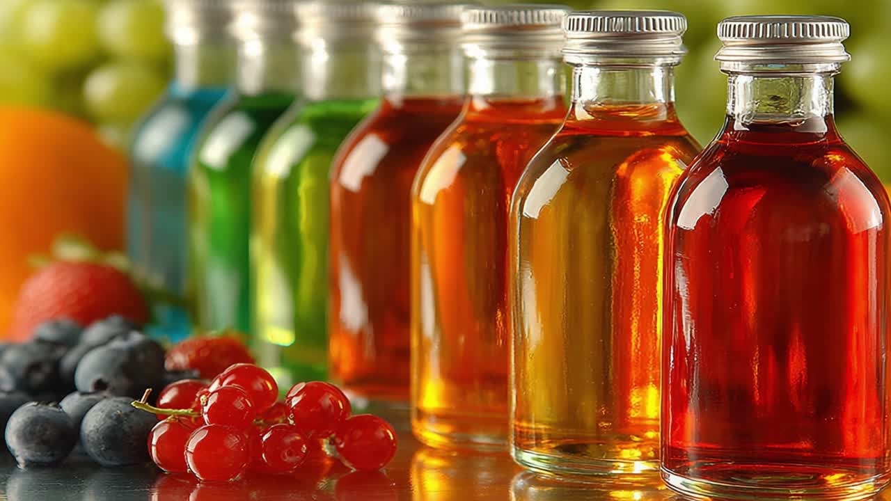 Une présentation éclatante de bouteilles colorées contenant divers jus, entourées de fruits frais et d’un arrière-plan vert luxuriant, parfait pour une boisson estivale rafraîchissante.