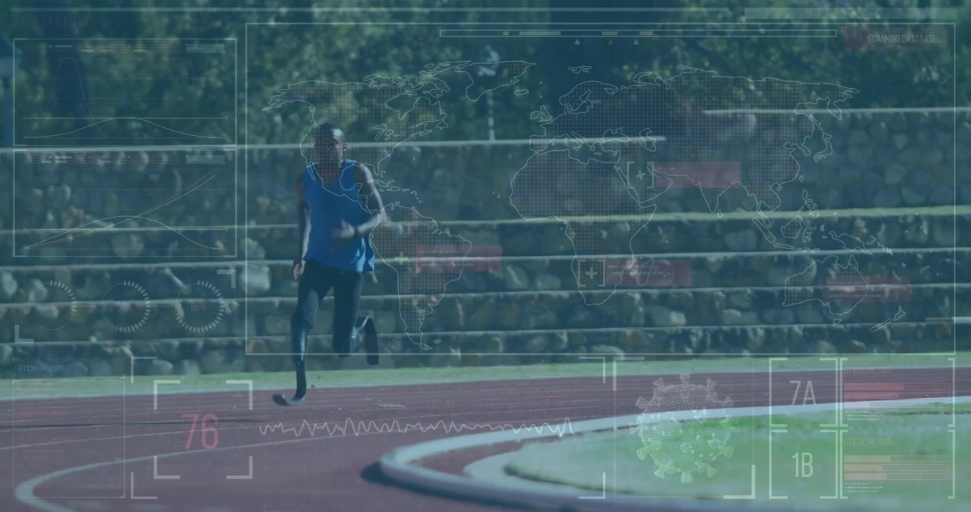 Animation of data processing over disabled african american male runner