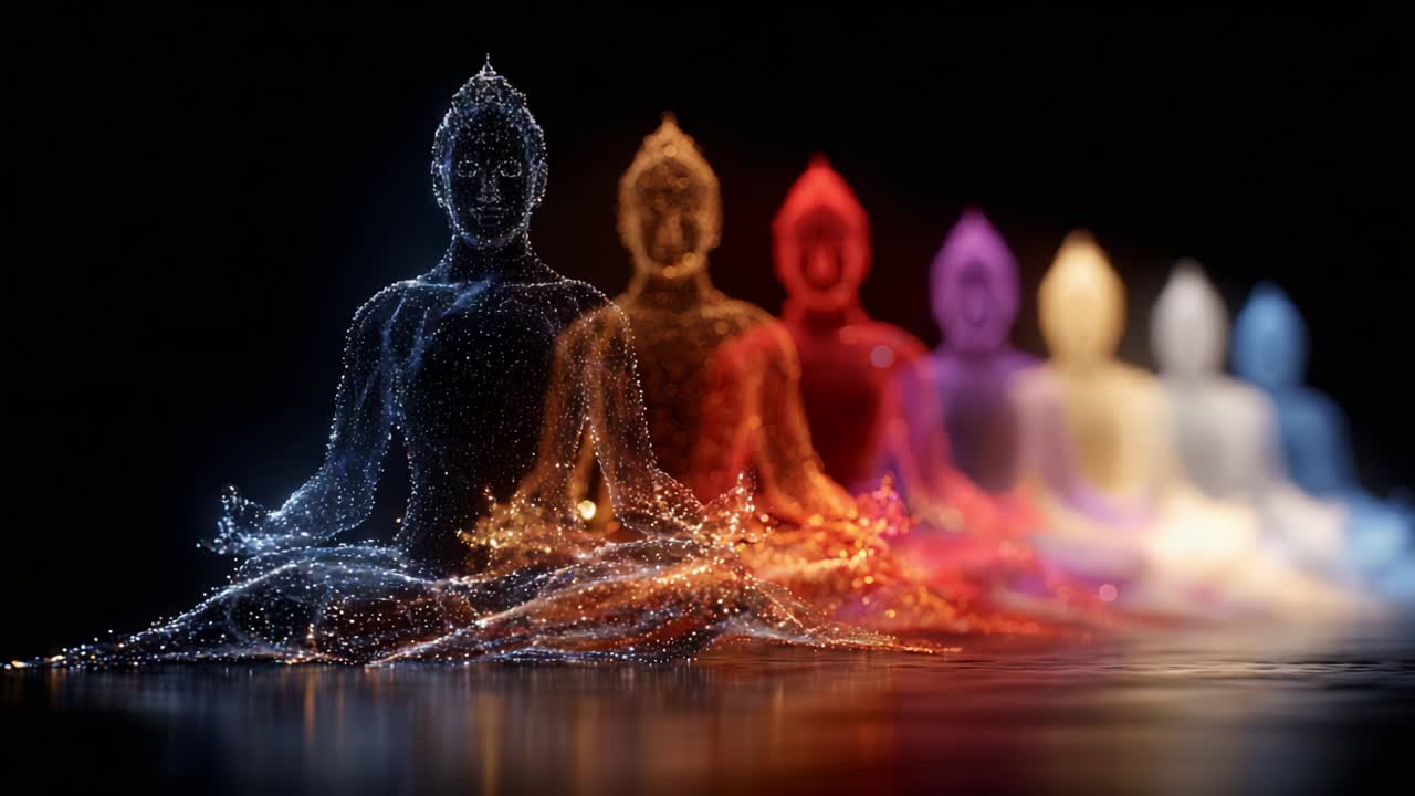 A mesmerizing array of ethereal figures representing a meditative journey through vibrant colors, showcasing the transformation of energy and spirituality from a serene state to the vibrant essence of existence