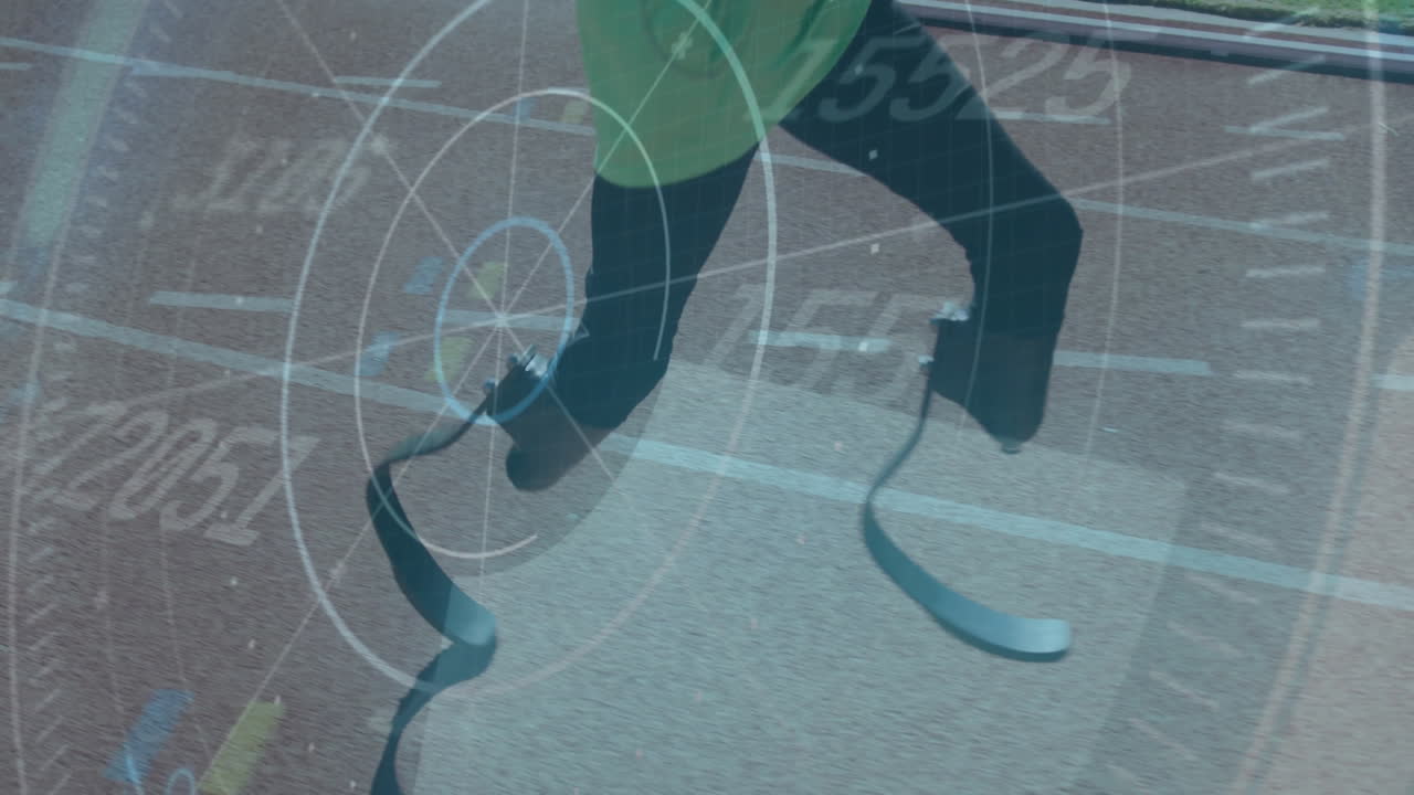 atleta corriendo con piernas protésicas sobre animación de objetivo digital
