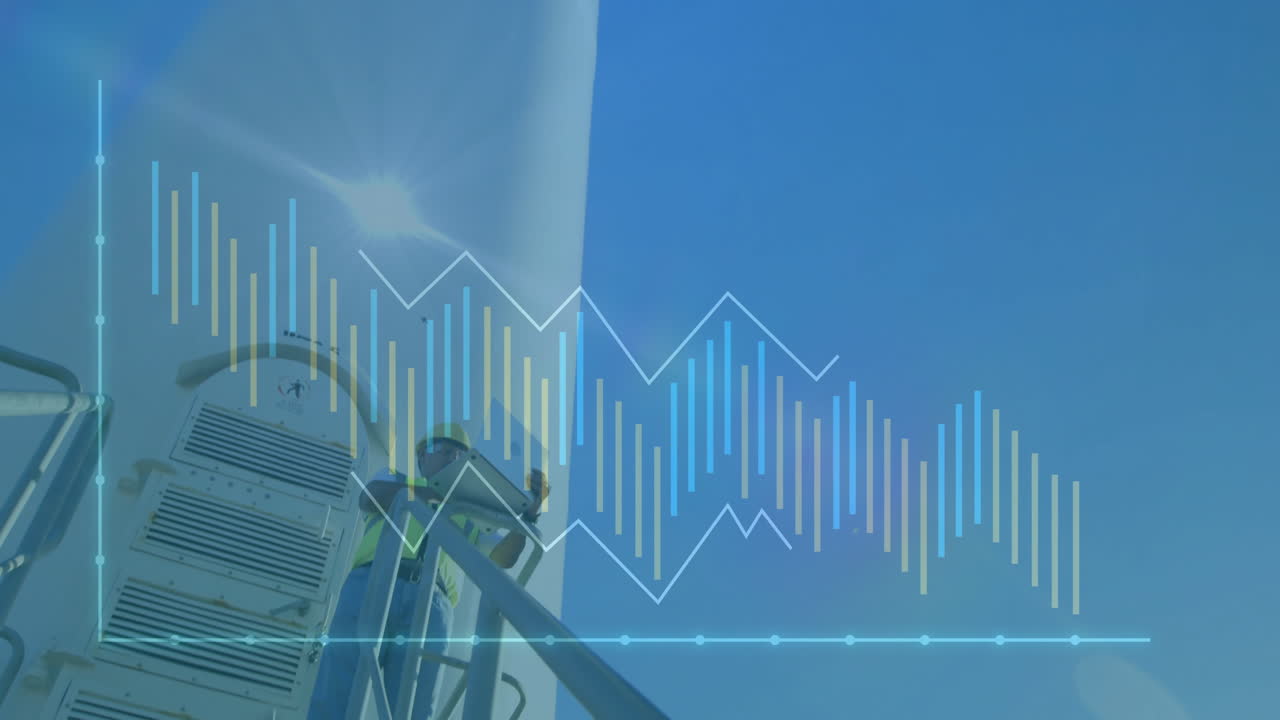 Wind turbine with data visualization animation over clear blue sky