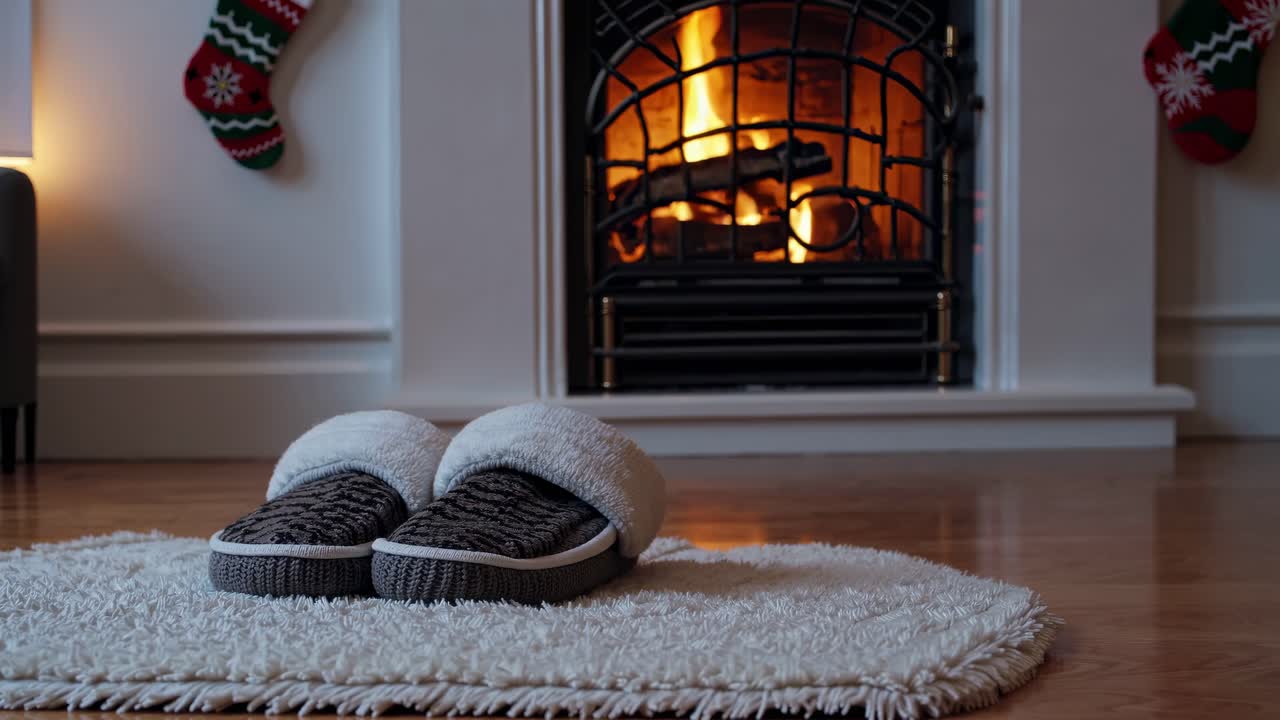 Cozy slippers on rug in front of fireplace during winter