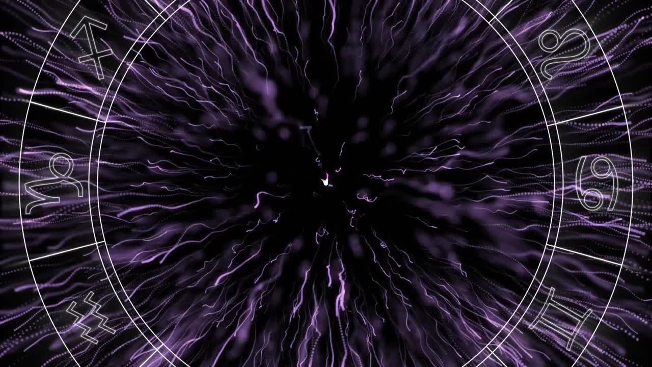 Animation af roterende stjernetegnhjul med stjernetegn over eksplosion af lilla lysspor på sort baggrund.