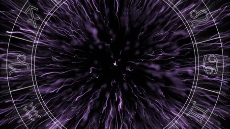 animación de la rueda del zodiaco giratoria con signos de estrellas sobre la explosión de rastros de luz púrpura en ba negro