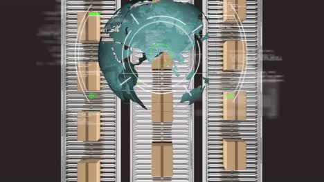 Animation-of-scope-scanning-and-globe-over-cardboard-boxes-moving-on-conveyor-belts