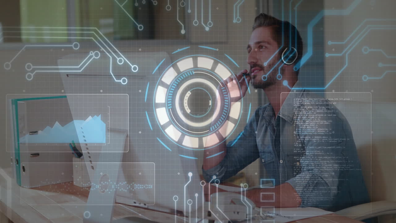 In office, man working on computer with digital animation overlay