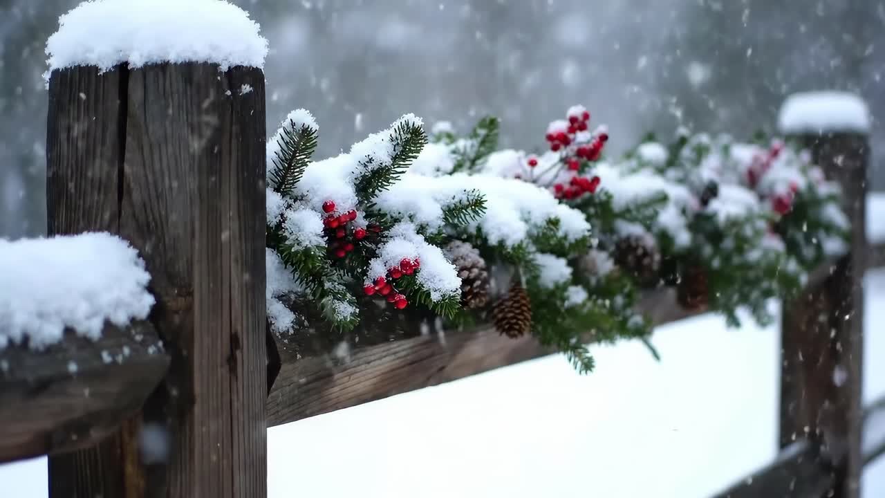 Close-up video of a snow-covered wooden fence adorned with festive greenery and berries