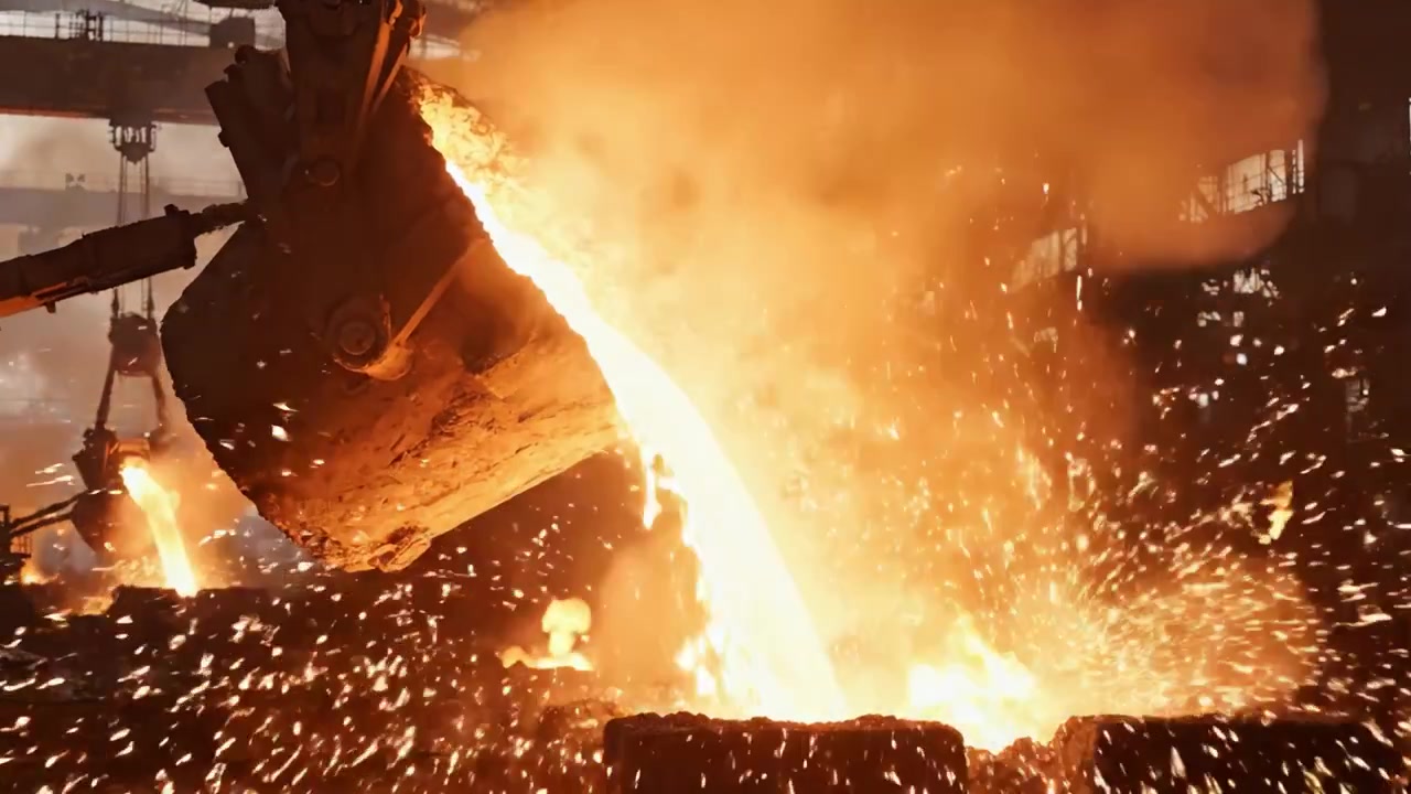 Intenso processo di colata del metallo in una fonderia: l'arte e la precisione del metallo fuso che scorre dal crogiolo negli stampi, illuminato da un bagliore ardente e uno sfondo industriale.