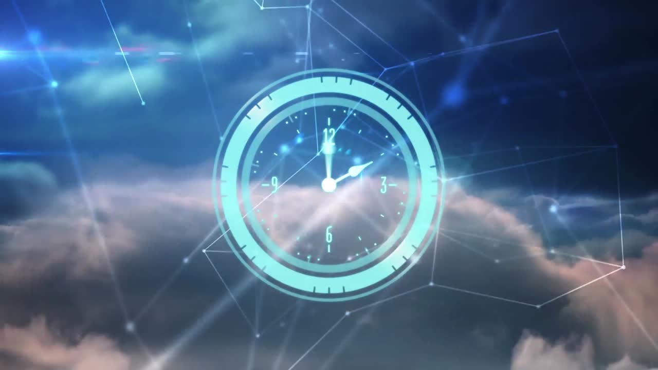 Animazione di orologio che si muove velocemente su cielo nuvoloso e rete di connessioni.