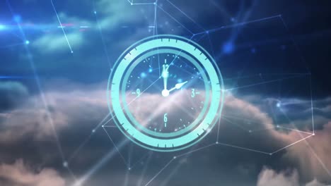 animación de un reloj moviéndose rápido sobre un cielo nublado y una red de conexiones