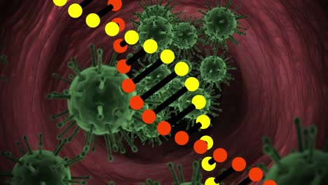 Animation-of-dna-strand-rotating-over-green-covid-19-cells