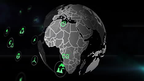 rotating globe with green icons representing various sectors, global network animation