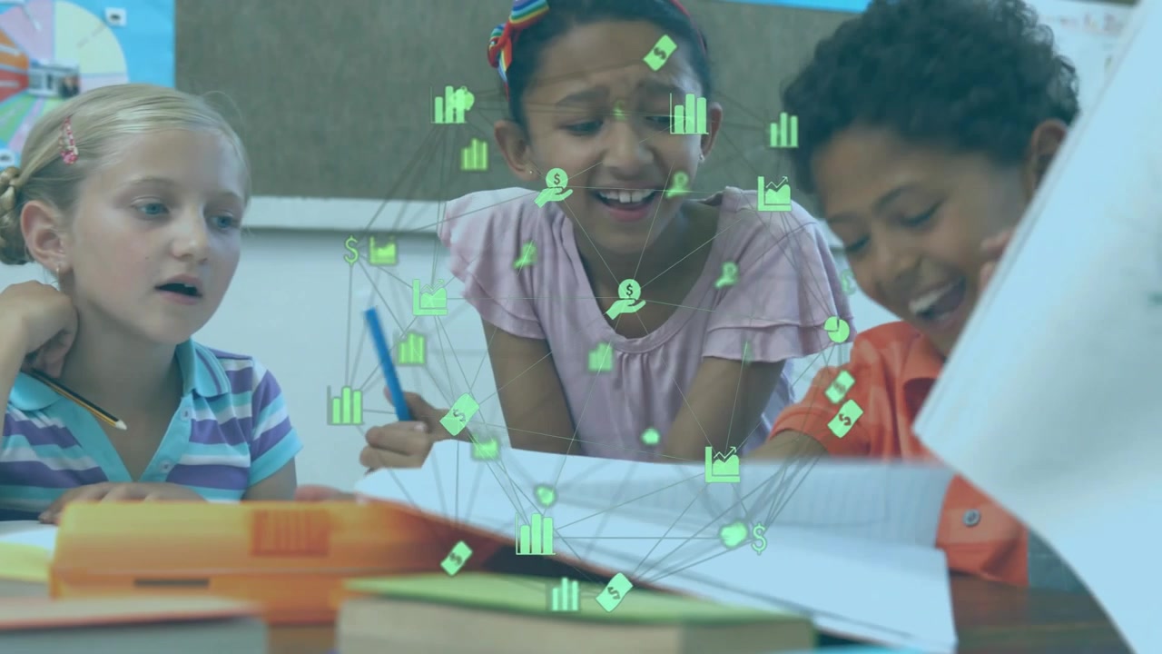 Classmates unfolding sheet in classroom and working with animated diagrams for school project