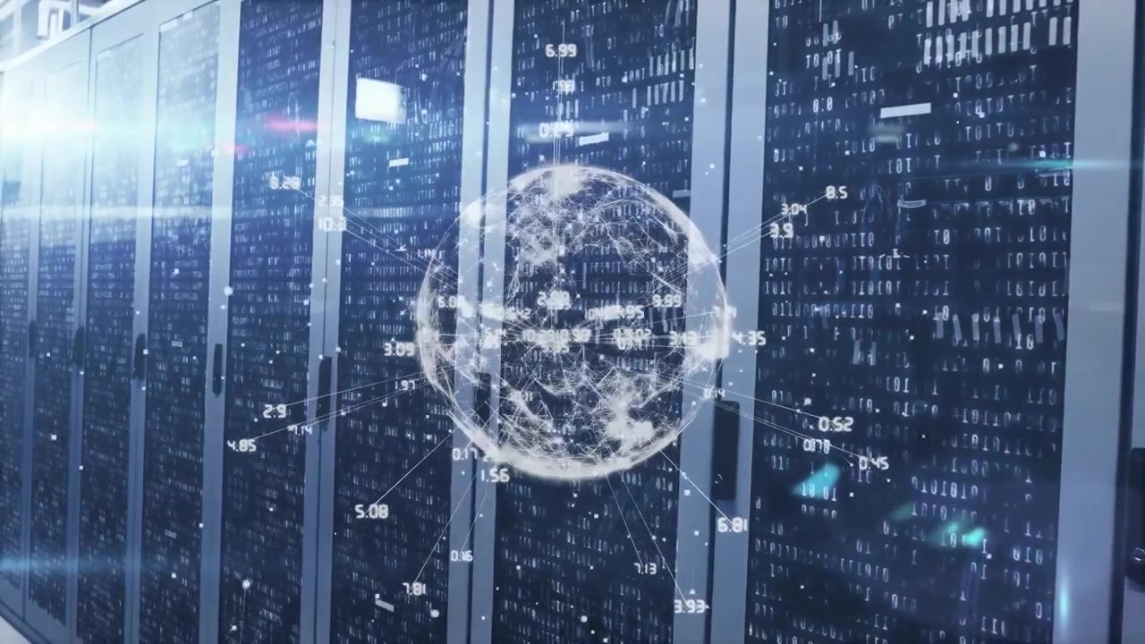 Digital trådrammeglobus, der snurrer over serverracks, og viser glødende datapunkter og binær kode.