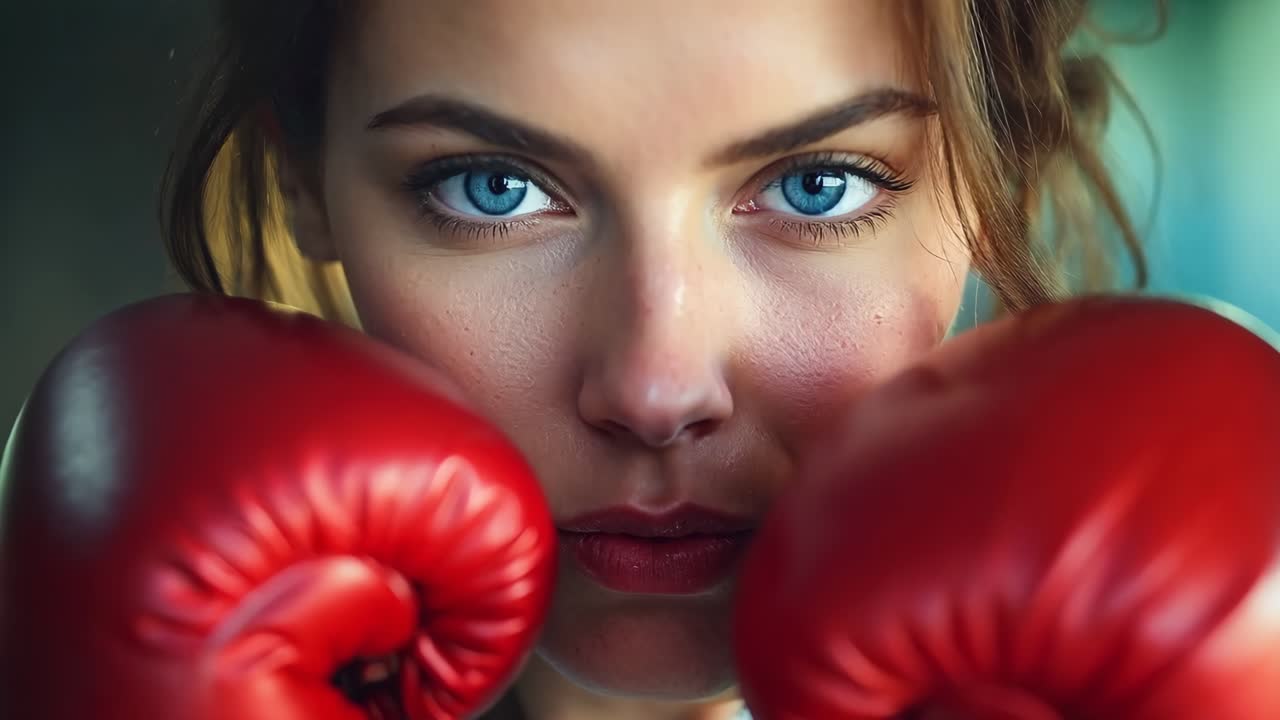 una mujer con guantes de boxeo rojos con ojos azules