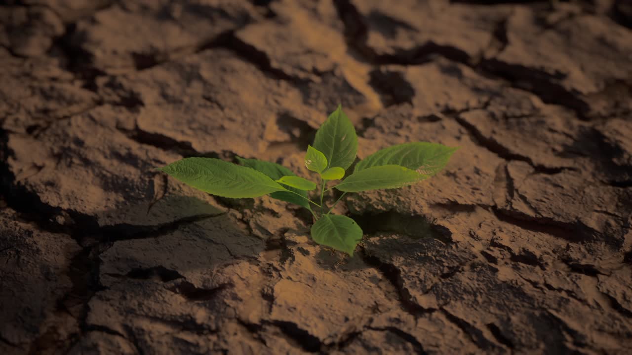 Close Up Of Small Green Plant Growing On Dry Ground Cracked And Dried-Up Land Soil Or Sand Surface. Drought, Lack Of Water, Climate Change, Heatwave, And Global Warming Disaster Concept