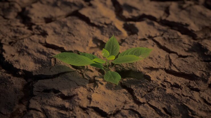 Close Up Of Small Green Plant Growing On Dry Ground Cracked And Dried-Up Land Soil Or Sand Surface. Drought, Lack Of Water, Climate Change, Heatwave, And Global Warming Disaster Concept