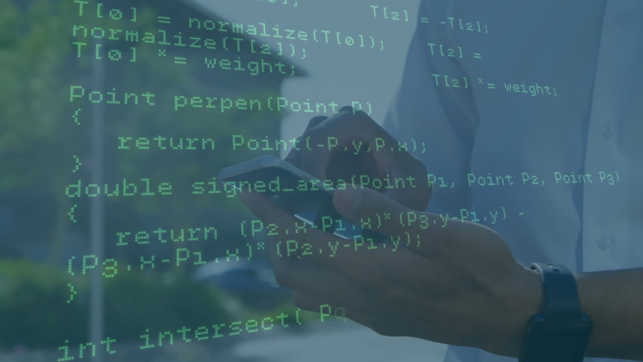 Animation of data processing over caucasian businessman using smartphone