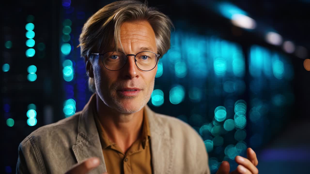 In a high-tech environment, a man engages in a discussion, showcasing insightful expressions, vibrant bokeh backgrounds, and a clear focus on technology and communication, conveying depth in his message