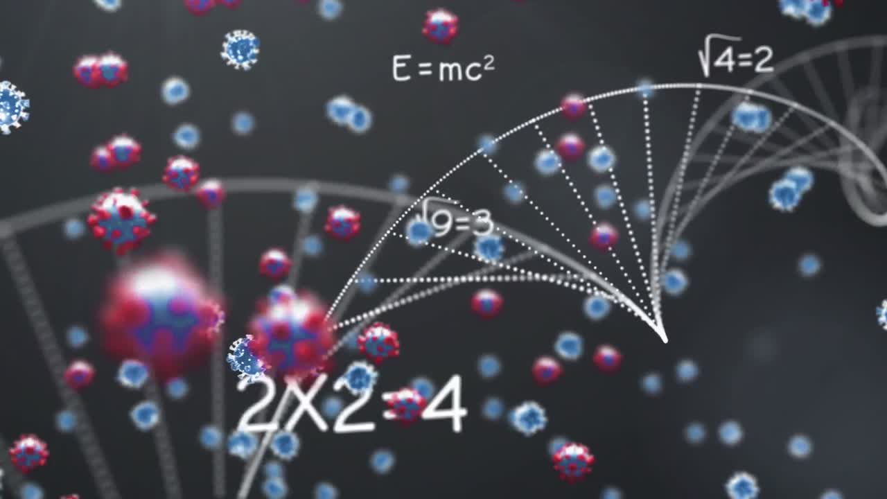 DNA structure and Mathematical equations against Covid-19 cells on blue background