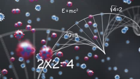 DNA-Struktur-Und-Mathematische-Gleichungen-Vor-Covid-19-Zellen-Auf-Blauem-Hintergrund