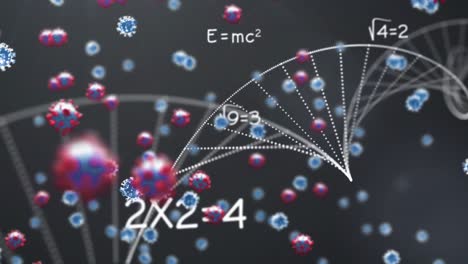 dna structure and mathematical equations against covid-19 cells on blue background