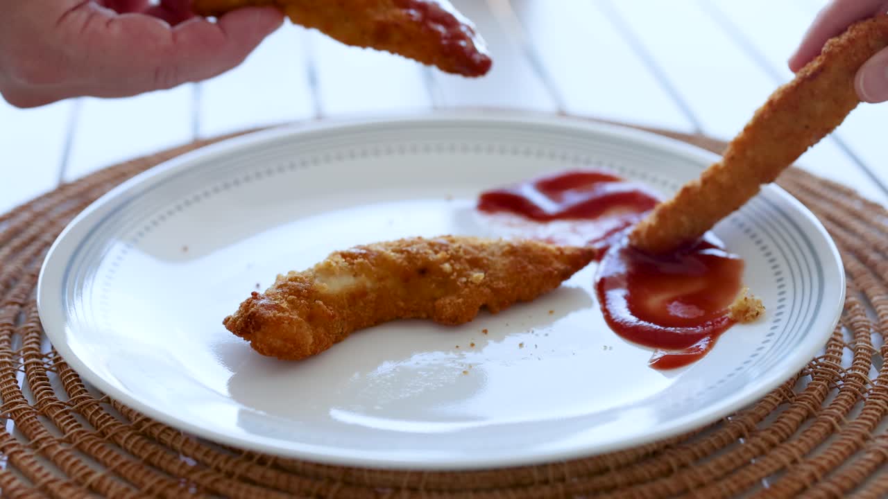 Hands dip fried chicken into ketchup on a white plate. Bright lighting and close-up shots create a casual dining atmosphere