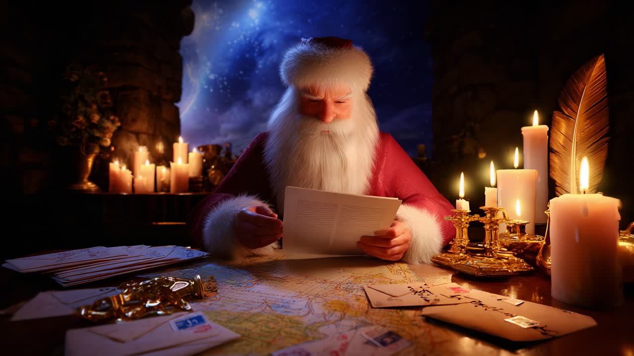 A Magical Scene of Santa Claus in a Cozy Workshop, Traditionally Surrounded by Candles, Letters, and a Starry Night Sky, Capturing the Spirit of Christmas and Holiday Preparations with a Sense of Wonder