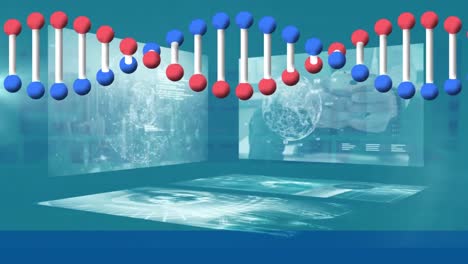 Dna-structure-spinning-against-multiple-screens-with-medical-data-processing-on-blue-background