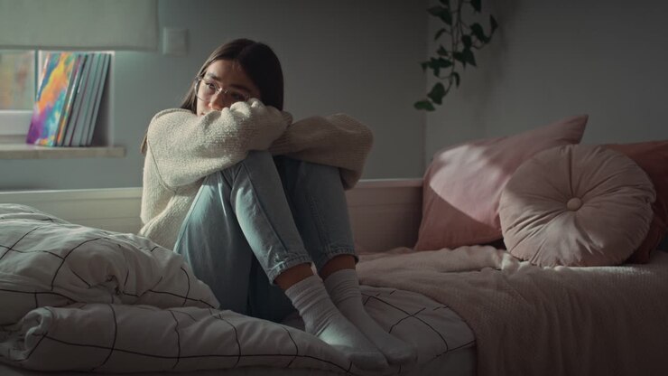 Pensive caucasian teenage girl sitting on bed with arms around knees and looking away