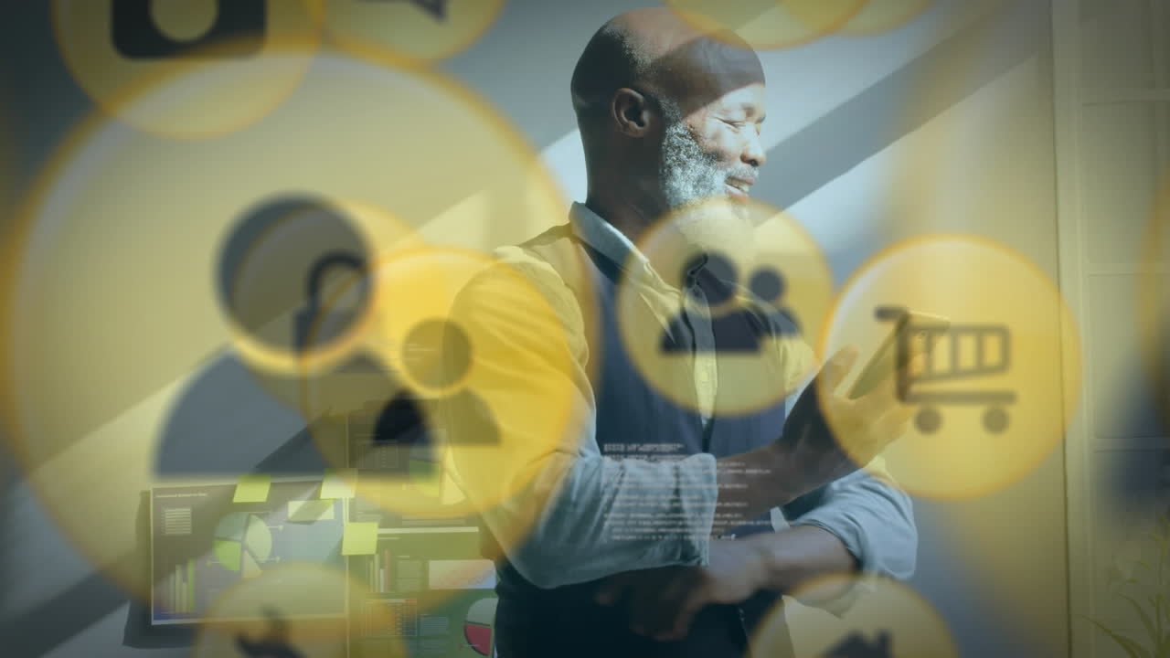 animación de una red de conexiones con iconos sobre un empresario afroamericano que usa un teléfono inteligente