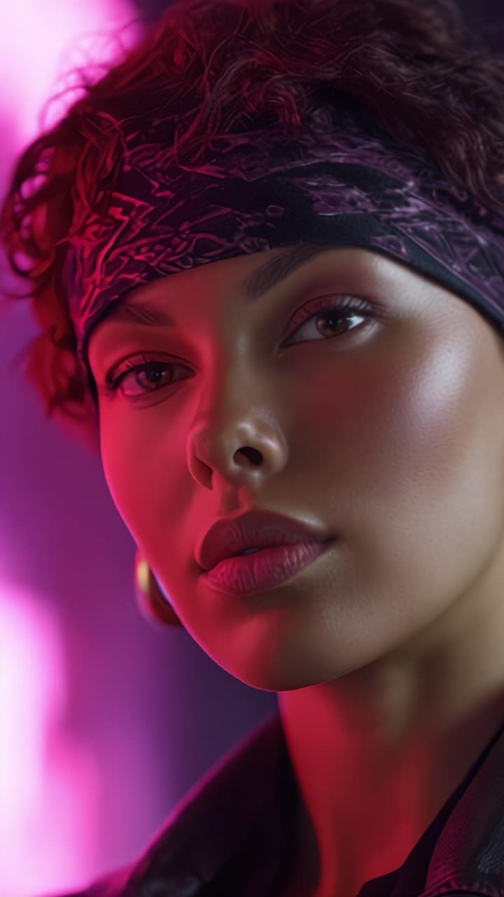 Ritratto d'impatto di una donna sicura di sé con una bandana su uno sfondo vivido e colorato, con illuminazione ad alta definizione e texture ricche che catturano un'espressione audace