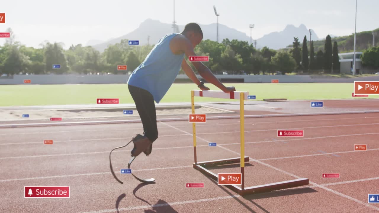 알림 바의 애니메이션, 아프리카계 미국인이 경주 트랙에서 허들을 잡고 스트레칭을 하고 있습니다.