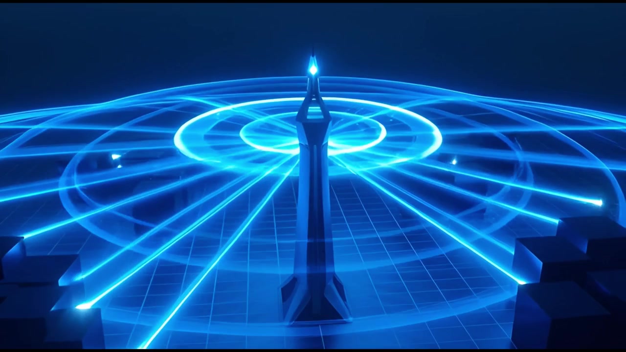 Futuristic Central Hub Transmitting Data with Blue Light Beams