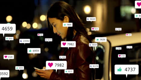 checking smartphone, woman surrounded by social media likes and follower count animation