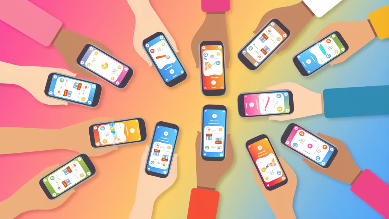Grupo de Mãos Diversas Segurando Smartphones