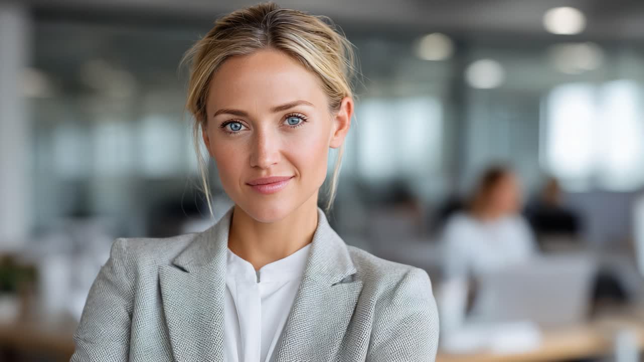 Imprenditrice sicura di sé in un ufficio moderno: un ritratto di professionalità e successo catturato in un ambiente di lavoro coinvolgente