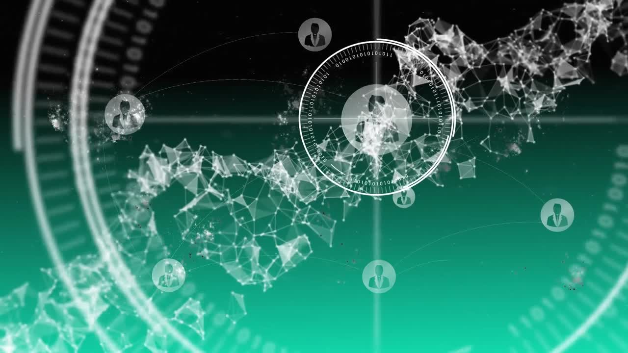 녹색 배경에 있는 dna 스트랜드 위에 아이콘으로 연결된 네트워크의 애니메이션.