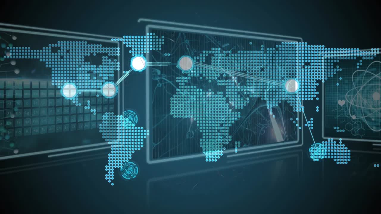 어두운 파란색 배경에 있는 세계 지도 위의 연결 네트워크의 애니메이션