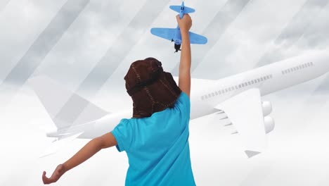 Animation-of-biracial-boy-playing-with-plane-toy-over-plane