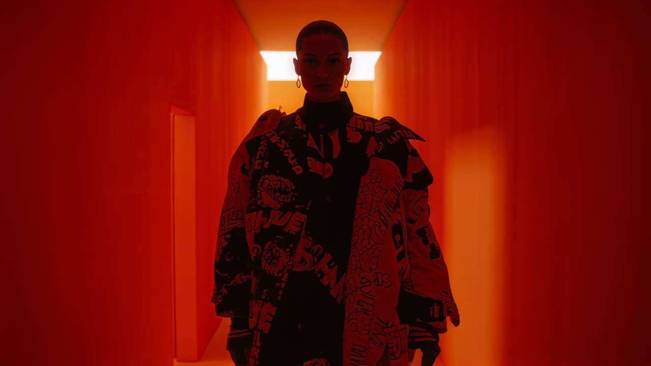 Mulher andando posando em um corredor vermelho, retroiluminada por um painel, virando à esquerda, fazendo uma pausa, usando um casaco grande.