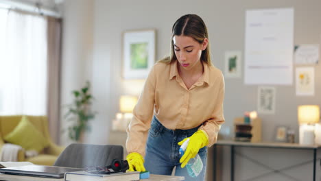 mujer, limpieza y limpieza de escritorio con productos químicos