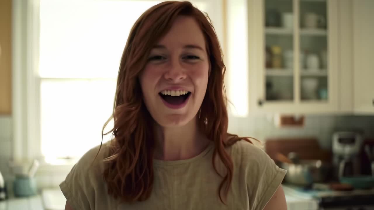 Capturing the Joy of Everyday Moments: A Young Woman Transitions from Reflective Calmness to Radiant Happiness in a Warm Kitchen Environment