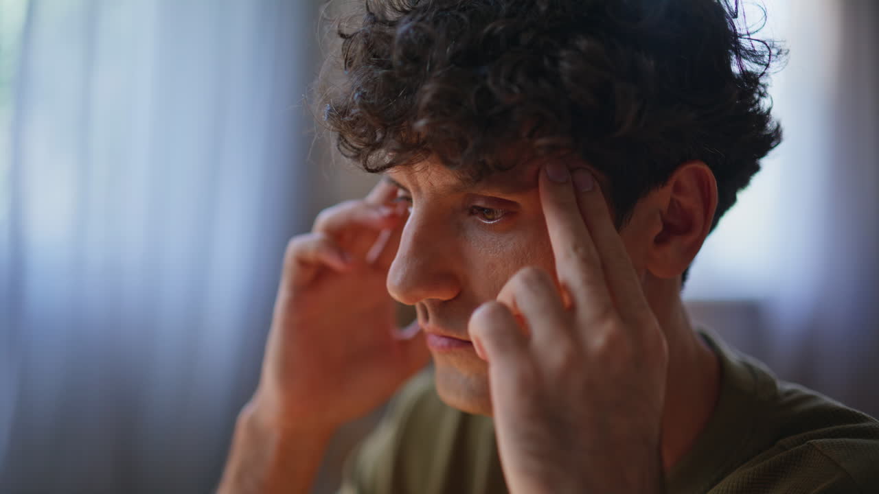 Guy fingers texting laptop in office closeup. Tired businessman feeling headache