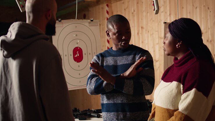 Shooting range safety officer ensuring clients are following rules